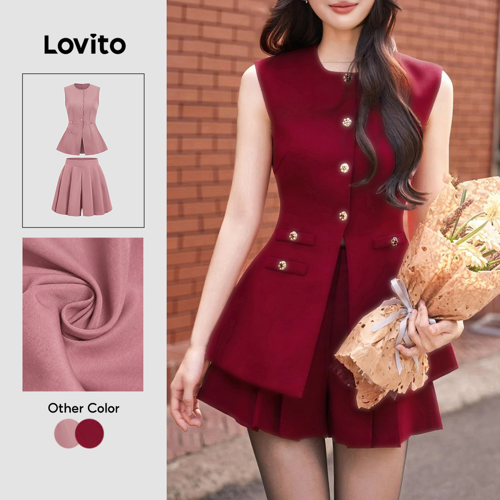 Lovito Elegante Conjunto De Blusa Ou Calça Para Festa Com Pregas Na Cor Bordô Primavera/verão Para Mulheres L165ED584