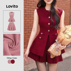Lovito Elegante Conjunto De Blusa Ou Calça Para Festa Com Pregas Na Cor Bordô Primavera/verão Para Mulheres L165ED584
