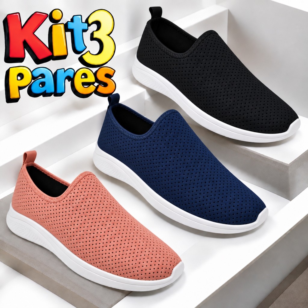Kit 3 Tênis Calce Fácil Adulto Meia Confortável Antiderrapante Leve Casual Caminhada Tendência LISO