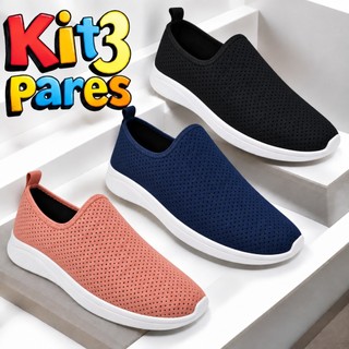 Kit 3 Tênis Calce Fácil Adulto Meia Confortável Antiderrapante Leve Casual Caminhada Tendência LISO