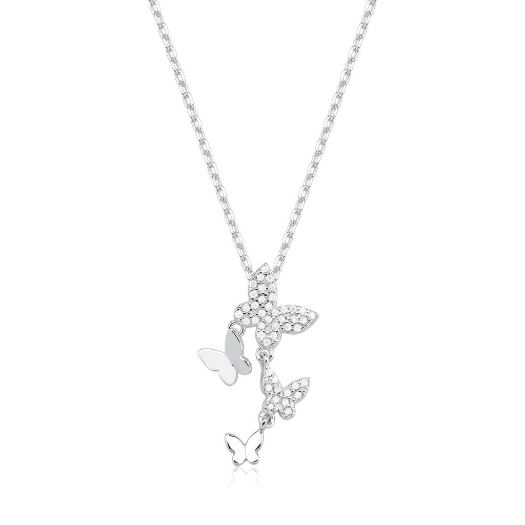 Colar Feminino de Prata 925 Borboletas Cravejadas