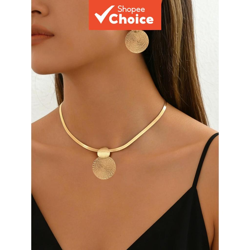 Criativo Disco Geométrico Pingente Colar Brinco Conjunto Feminino Espiral Clavícula Corrente Jóias Presente
