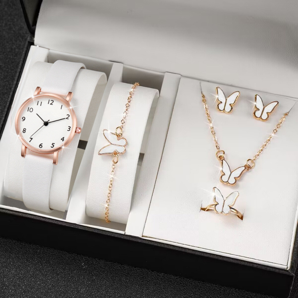 Moda feminina relógio jóias caixa de presente conjunto cinto macio relógio de quartzo + borboleta colar pulseira anel br