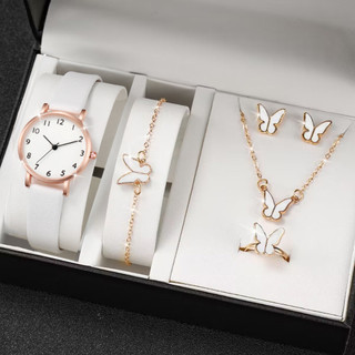 Moda feminina relógio jóias caixa de presente conjunto cinto macio relógio de quartzo + borboleta colar pulseira anel br