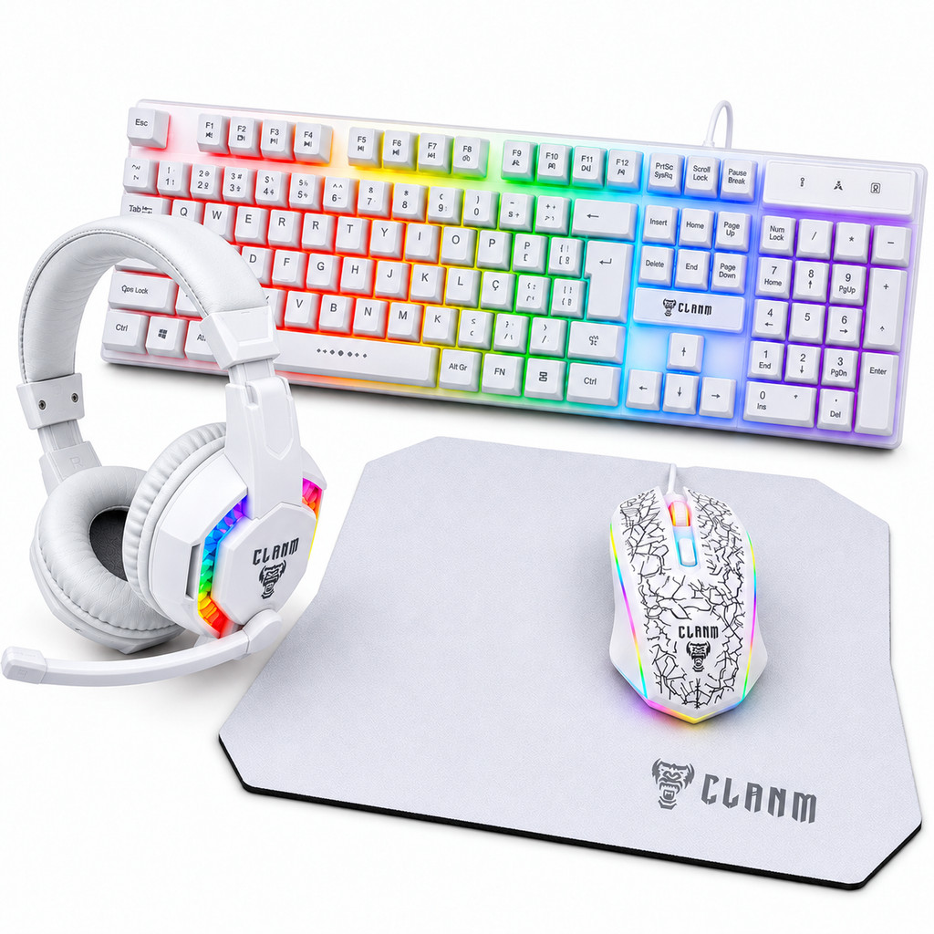 Kit Gamer Completo Snow 4 em 1 CLANM Teclado ABNT2 Mouse 3600 DPI Headset Fone Mouse Pad LED Rainbow Premium Branco