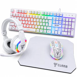 Kit Gamer Completo Snow 4 em 1 CLANM Teclado ABNT2 Mouse 3600 DPI Headset Fone Mouse Pad LED Rainbow Premium Branco