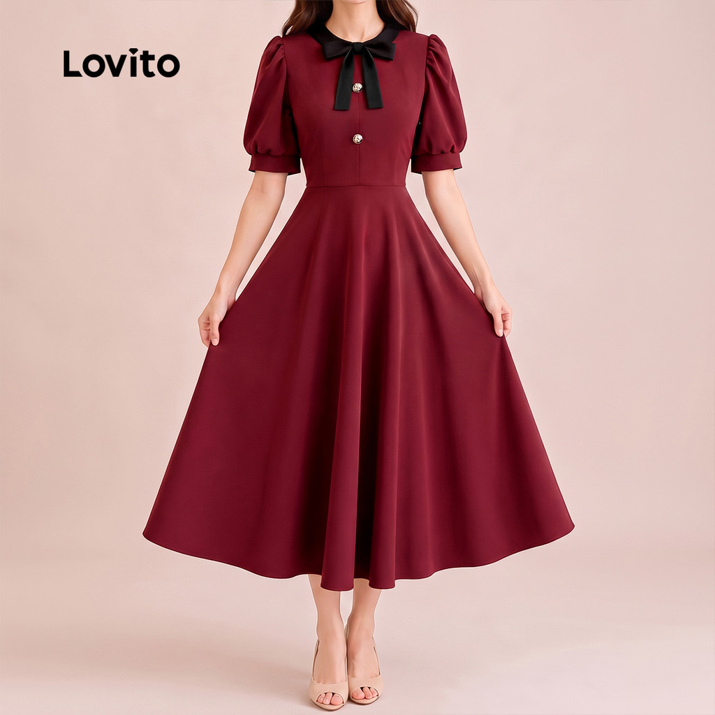 (New Arrival) Lovito Vestido Feminino Vinho Longo evasê Drapeado laço Frontal Contrastante primavera/verão Trabalho/cny DRB204P1D285 — imagem 2 de 2