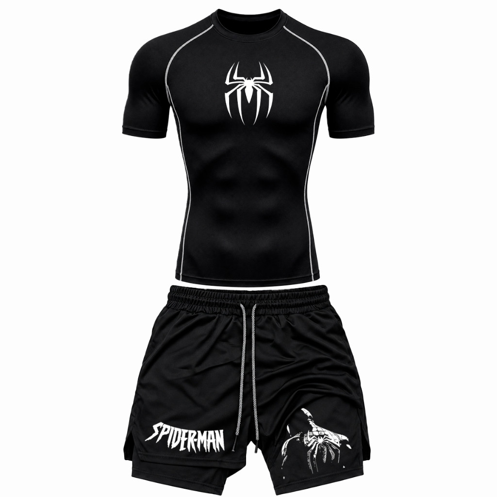 Conjunto Masculino Camiseta Compressão Costura Inversa E Short 2 Em 1 Aranha Gótico Punk Y2k Hero Symbol Academia
