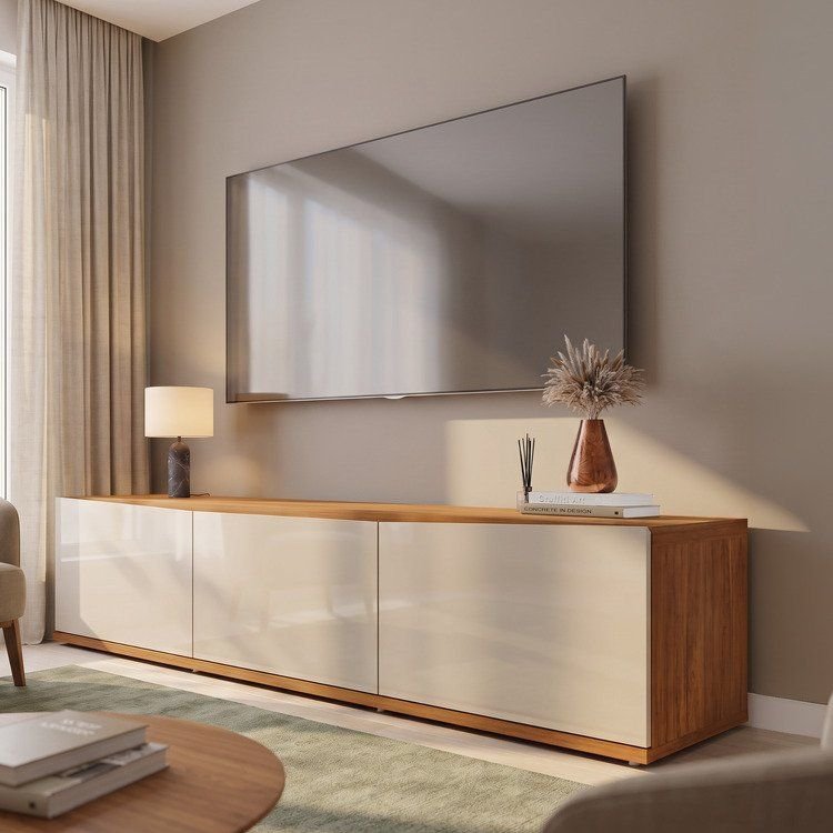 Rack para TV até 60 Polegadas MDF 180cm 2 Portas 1 Gaveta Eros Bege Cedro/Off White