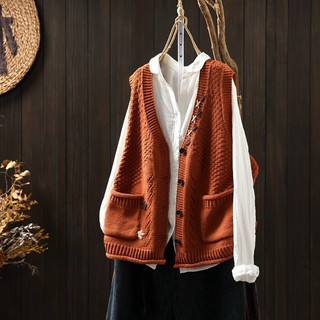 Colete de malha de fio de algodão bordado à mão Cardigan feminino solto mais magro olhar outono literário Casual com dec