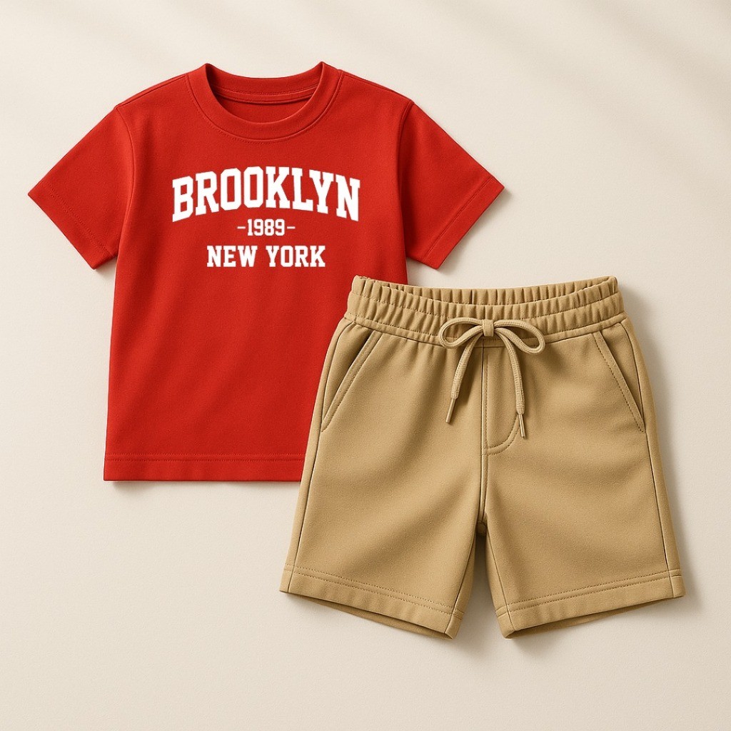 Conjunto Bermuda Bege Com Bolso + Camiseta Algodão Brooklyn Moda Infantil Kids Juvenil