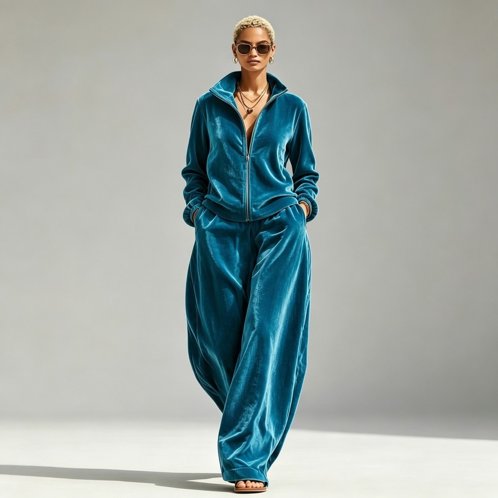 2026 venda quente feminino outono inverno novo estilo Casual gola alta ouro veludo calças soltas terno de duas peças