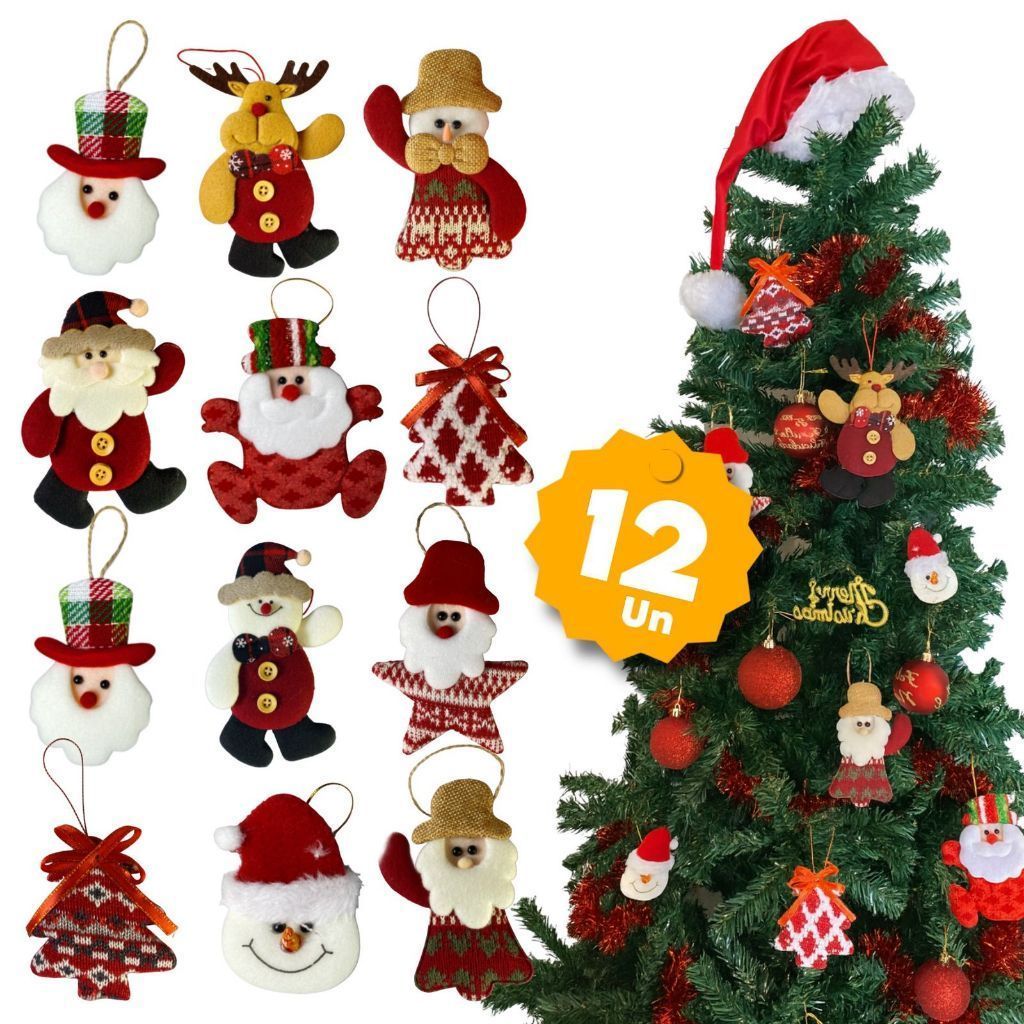 Enfeites de Natal em Pelúcia Kit 10 ou 12 Unidades Personagens Sortidos para Árvore Decoração