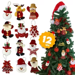 Enfeites de Natal em Pelúcia Kit 10 ou 12 Unidades Personagens Sortidos para Árvore Decoração