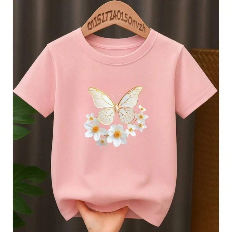 Camiseta infantil Menina Meninas 100% algodão estampada borboleta blusinha fofa casual Leve Macia Confortável Promoção