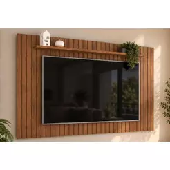 Painel Quarto p/ TV até 65 Pol Lume Ripado c/ Prateleira 175x108cm Freijo - DJ Móveis
