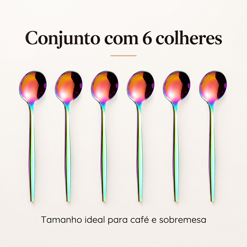 Colheres Café Chá Sobremesa Kit 6 Unidades Aço Inox Colorido Arco-Íris Espelhado Talher — imagem 2 de 2
