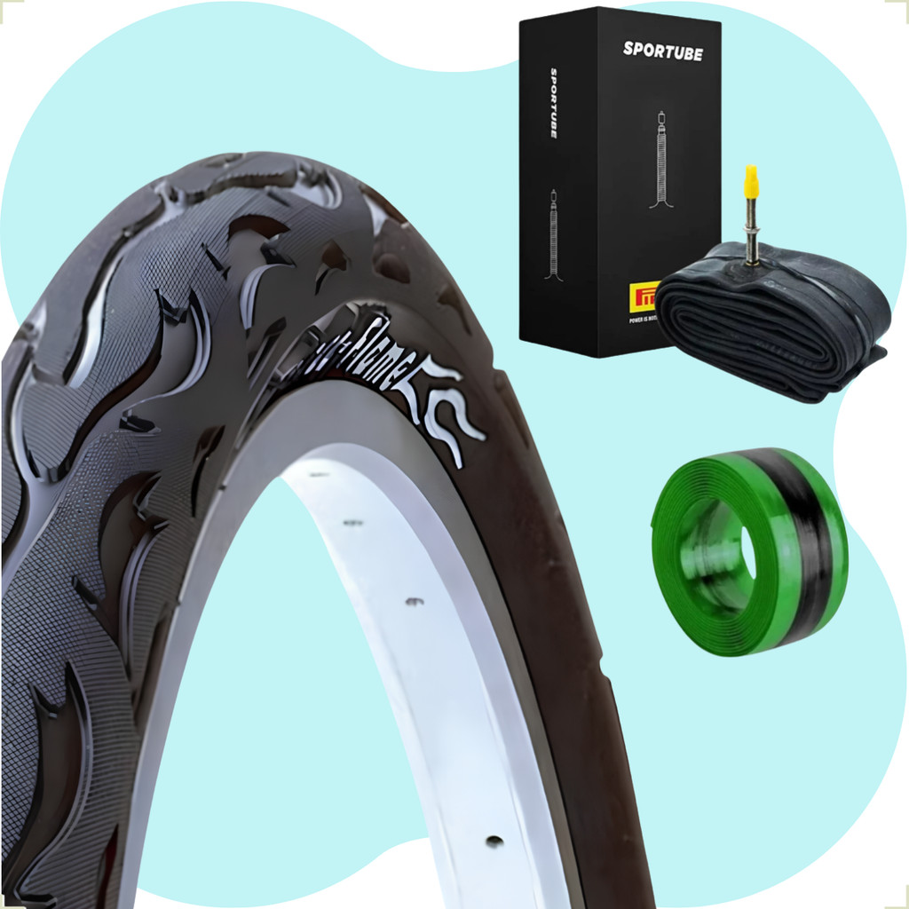 Pneu Bicicleta Kenda Flame Balão Aro 29 x 2.125 Liso Fogo + Camara Pirelli Bico fino + fita antifuro
