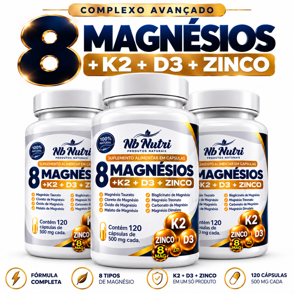 8 Fontes Minerais + Vitaminas K2 D3 e Zinco | 120 Cápsulas 500mg | Fórmula Completa