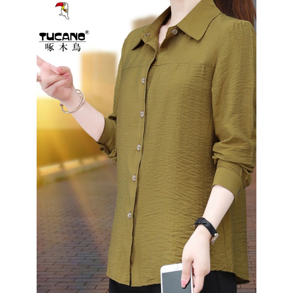 Woodpecker camisa de cor sólida feminina de manga comprida primavera outono novo estilo estilo ocidental camisa de fundo