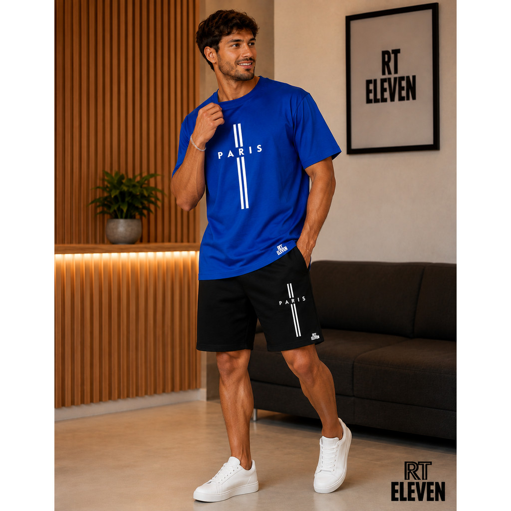 Kit Camiseta Masculina 100% Algodão + Bermuda Moletom Lançamento Estampada PARIS II  Confortavel Diversas cores Unissex