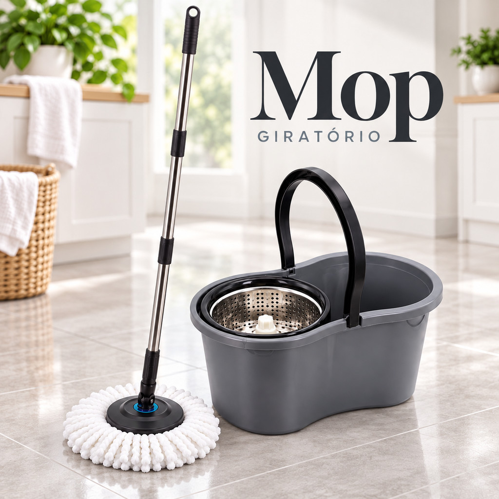 Mop Giratorio Cabo 360° Com Cesto Em Inox Balde Centrífuga Com 2 Refil Microfibra Escovão Limpeza