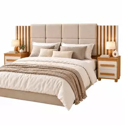 Cabeceira Casal Extensível com 2 Mesas de Apoio Ripado e Estofado Cinamomo/Off White Suíça RV Móveis