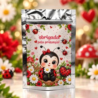 Saquinho Metalizado Personalizo P Joaninha 10x15cm Lembrancinha Festa Aniversário Nome e Idade