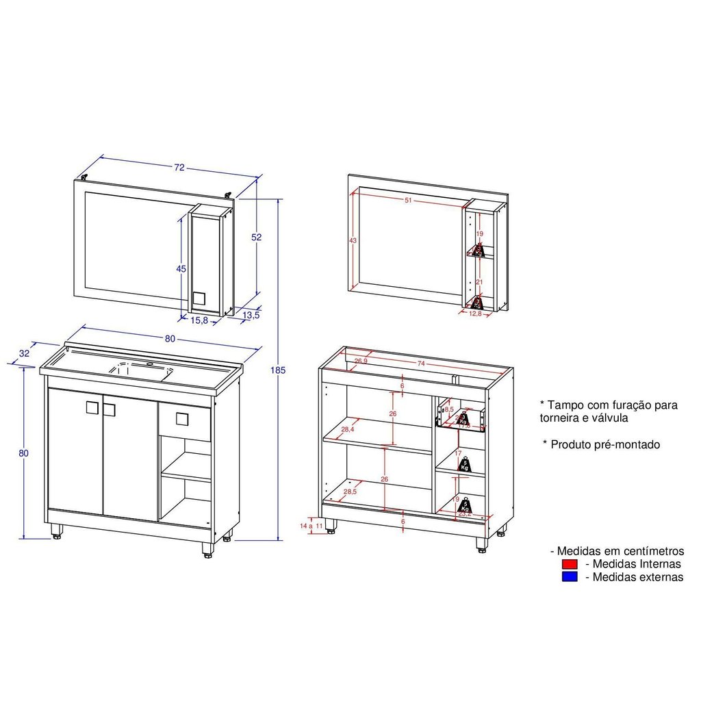 Conjunto de Banheiro 1 Porta e 1 Gaveta com Gabinete Cuba e Espelheira 80cm Essenza · foto 2