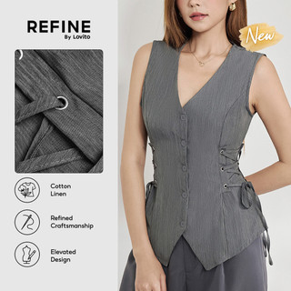 (New Arrival) (Refine by Lovito) Blusa Cinza Feminina De Trabalho Para Escritório Sem Mangas Com Decote Em V Ilhós E Amarração Linha Estruturada De Algodão E Linho TKR45P1D019