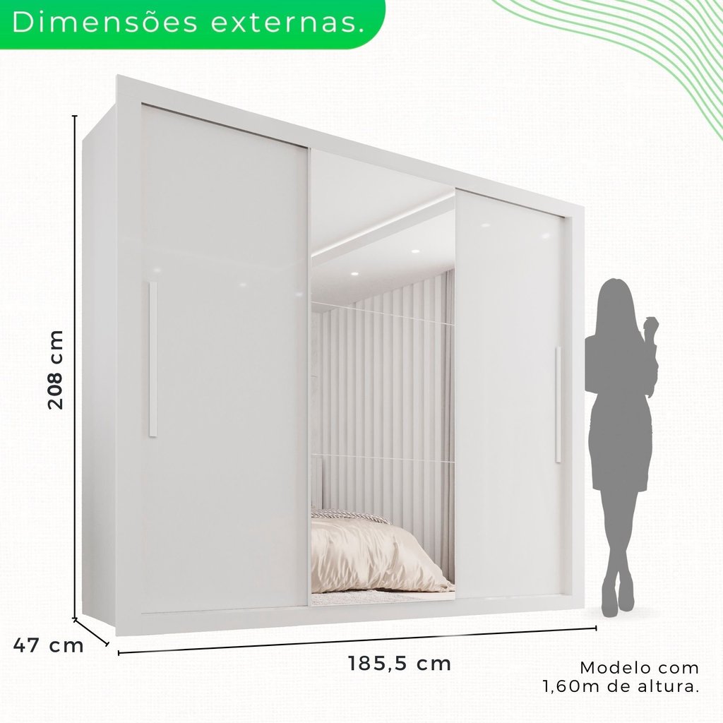 Guarda-Roupa Casal 3 Portas com Espelho Central 4 Gavetas Costa Rica Branco Branco · foto 2