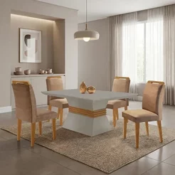 Conjunto Sala de Jantar Mesa e 4 Cadeiras Estofadas em MDF Suede Santorini Bege e Marrom Yescasa Animalle Chocolate/Off