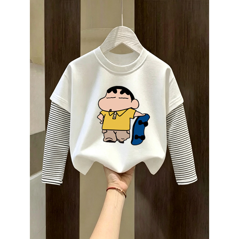 Algodão puro meninos listrado em torno do pescoço de manga comprida camiseta 2026 primavera outono novo estilo crianças 