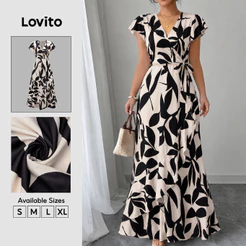 Lovito Vestido Casual Boho Floral Com Babado E Zíper Longo Em Aline Para Primavera/Verão Fim De Semana E Férias Para Mulheres DRK9BR202