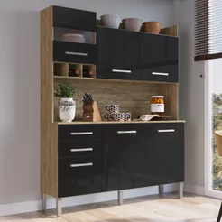 Armário de Cozinha 6 Portas e 2 Gavetas Preto/Wood Wood/Preto