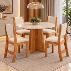 Conjunto Sala de Jantar Mesa Chilli 90cm Tampo Redondo com 4 Cadeiras Sol Bege/Mel/Blonde Mel/Blonde/Bege