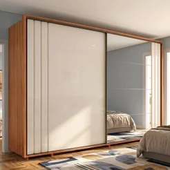 Guarda-Roupa Casal com Espelho 100% MDF 2 Portas de Correr Dali Cinamomo/Branco Cinamomo/Off White