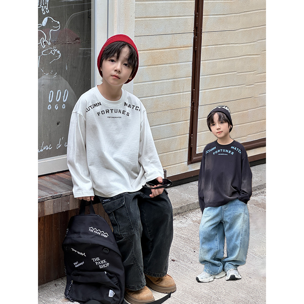 Yima meninos algodão carta impressa camiseta de manga comprida crianças roupas de outono bebê solto em torno do pescoço 
