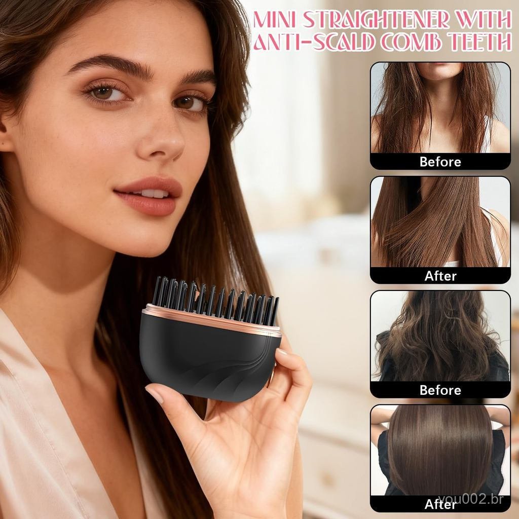 Novo Mini Alisador de Cabelo Portátil Recarregável, Escova Anti-Queimaduras, Pente Sem Fio com Carregamento USB