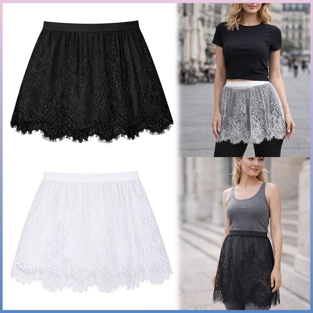 Saia De Malha De Renda , Extensor De Camisa Curta Transparente , Baixo Feminina Preta E Branca