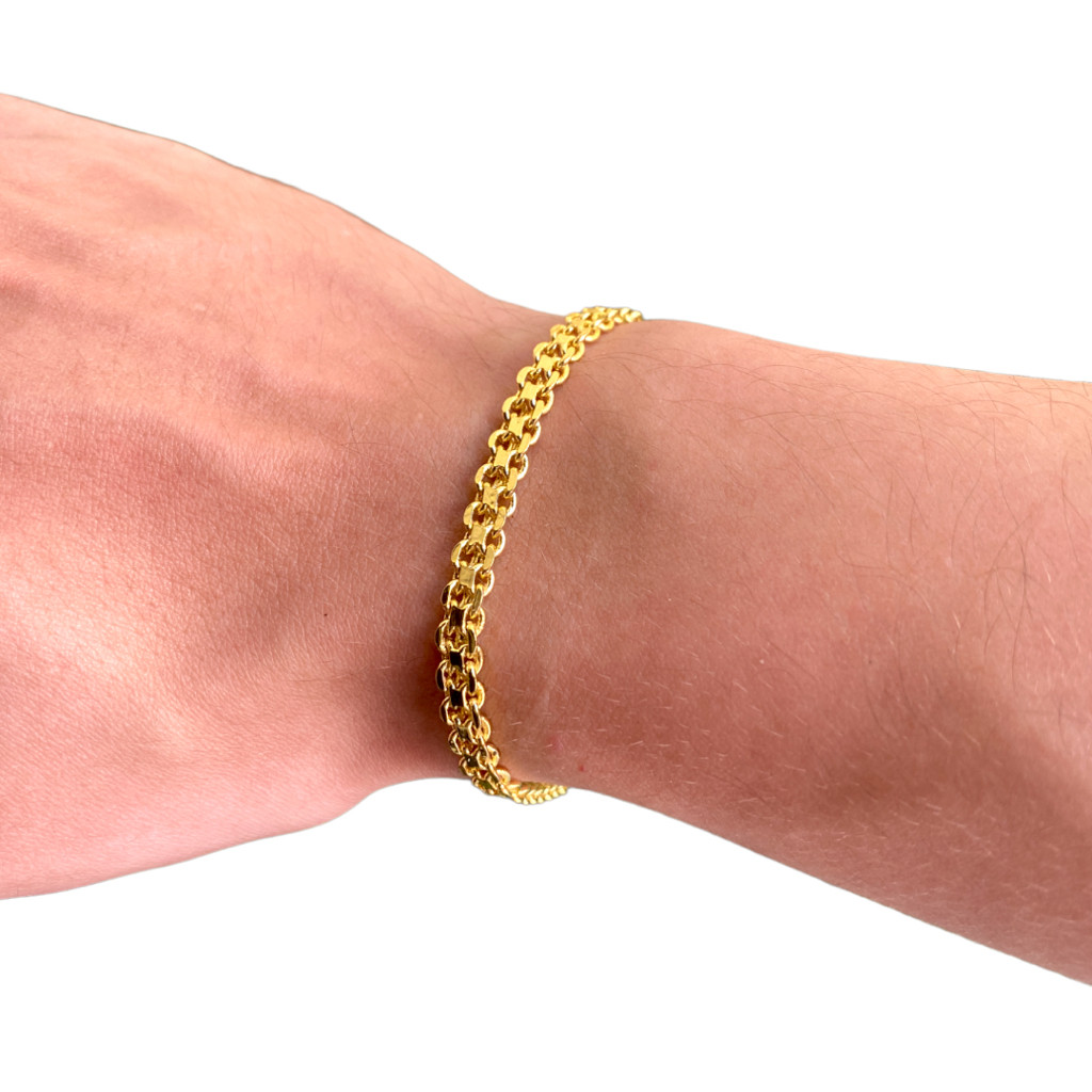 PULSEIRA CADEADO DUPLO 7MM - LIGA DE MOEDA ANTIGA + BANHO DE OURO 18K MASCULINO FECHO GAVETA PREMIUM