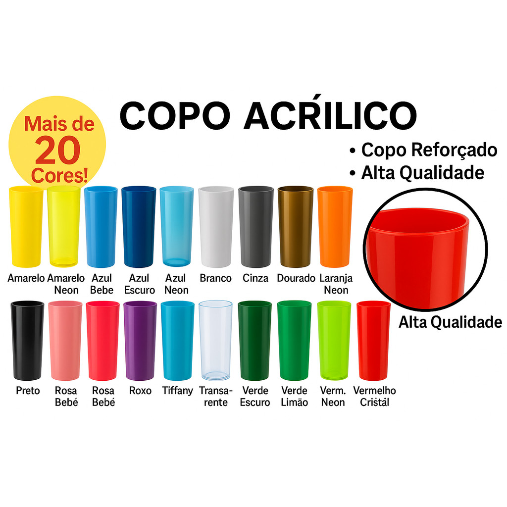 Kit 6 a 20 Copos Long Drink Acrílico 20 Cores Diferentes – Ideal para Festa e Evento
