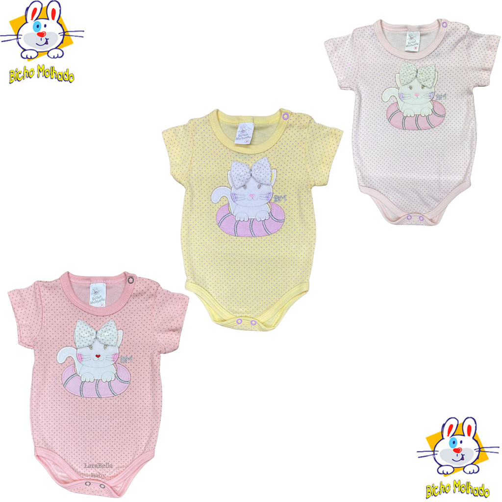 Body Amarelo Bebê Menina Gatinha Bordado M/C Bicho Molhado Rosa Bege Branco