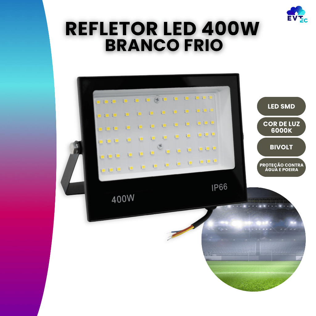Refletor Holofote Led 200w/300w/400w Ip66 Prova D'água Bivolt Forte Luz Branco Frio 6000K
