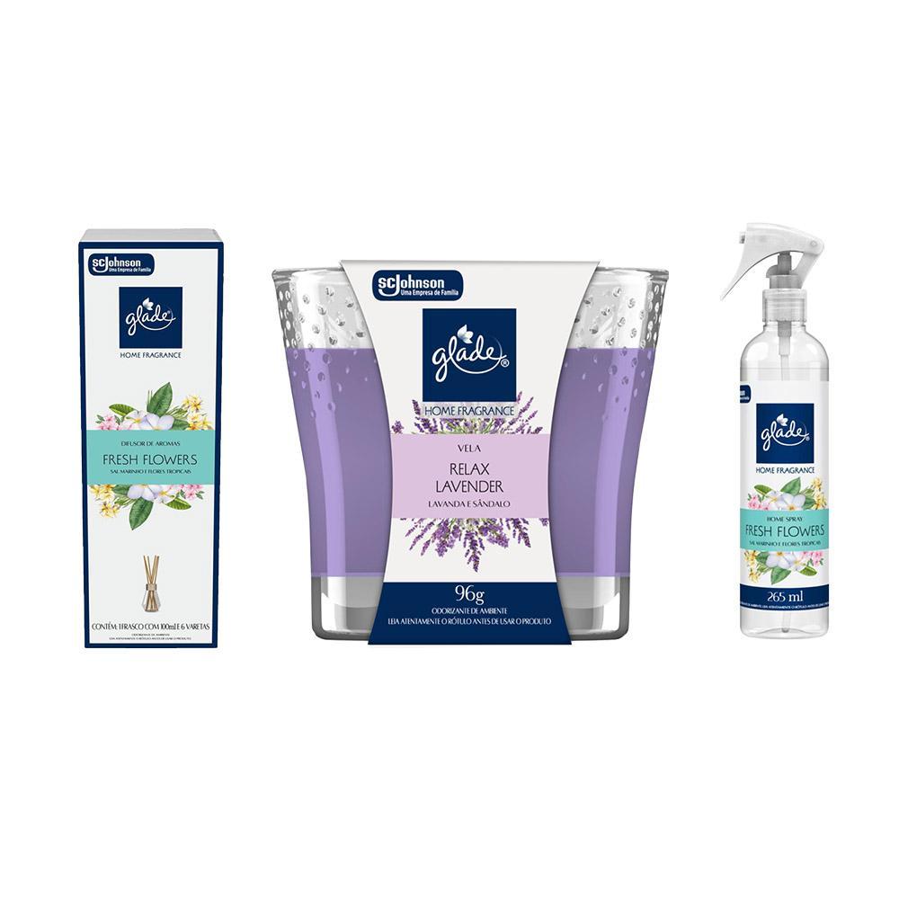 Kit Glade Difusor de Aromas 100ml + Odorizador Ambiente 265ml + Vela Perfumada 96g em Oferta na Shopee