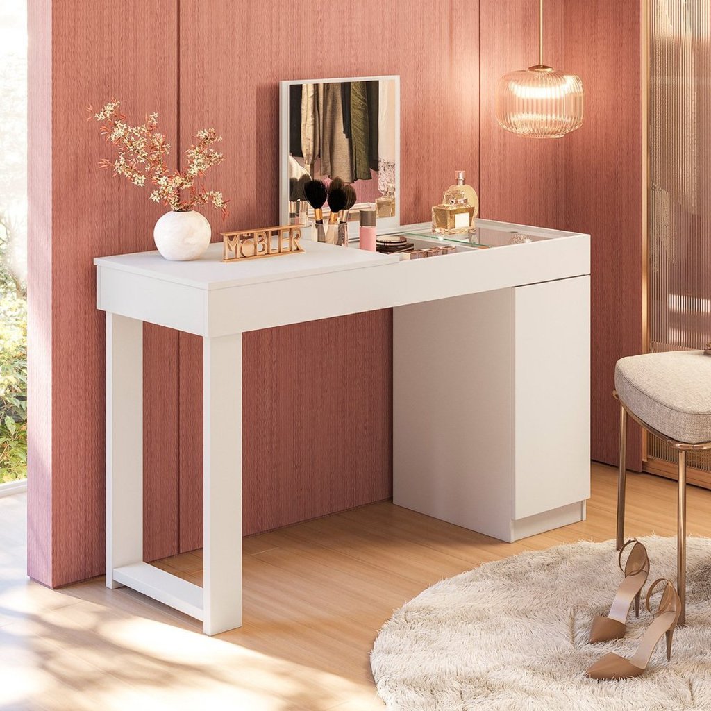 Escrivaninha Mesa Escritório Penteadeira 121cm com Espelho 1 Porta Love Branco