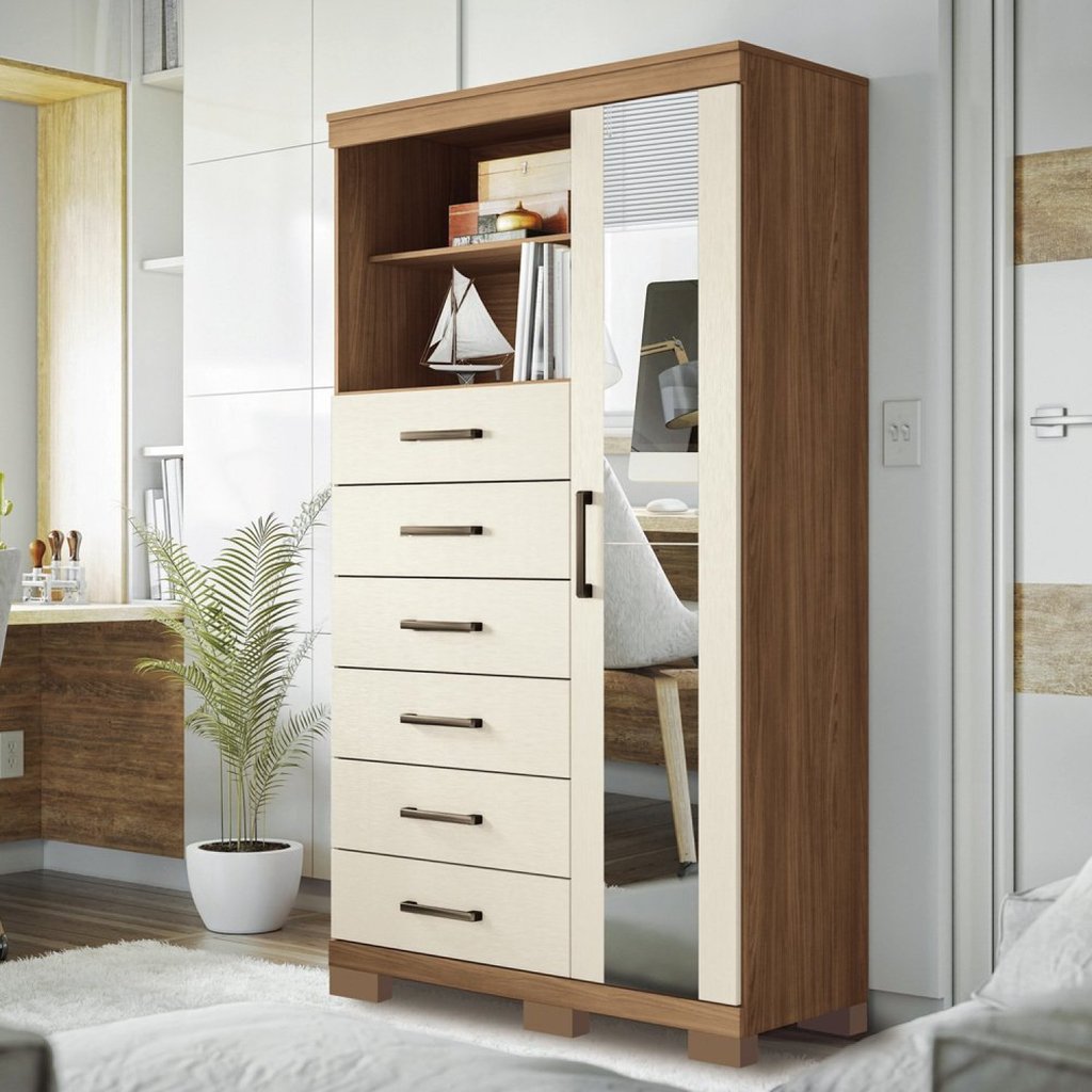 Multi-Cômoda 1 Porta 6 Gavetas Marabá com Espelho e Pés Jatoba/Areia em Oferta na Shopee