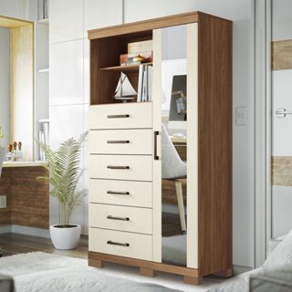 Multi-Cômoda 1 Porta 6 Gavetas Marabá com Espelho e Pés Jatoba/Areia em Oferta na Shopee