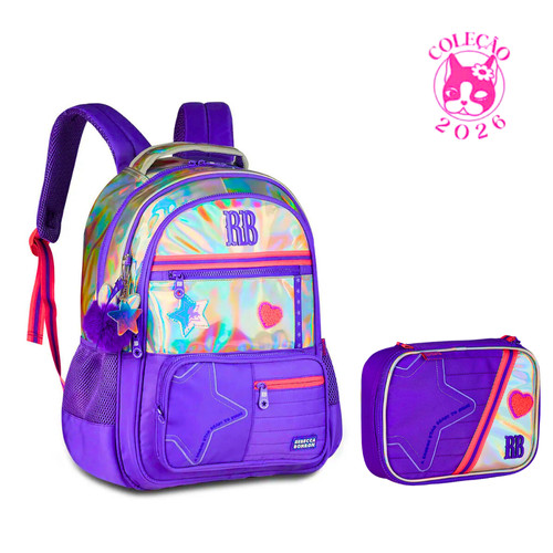Kit Mochila de Costas e Estojo Rebecca Bonbon Holo Shine - Clio Style Cor:Roxo