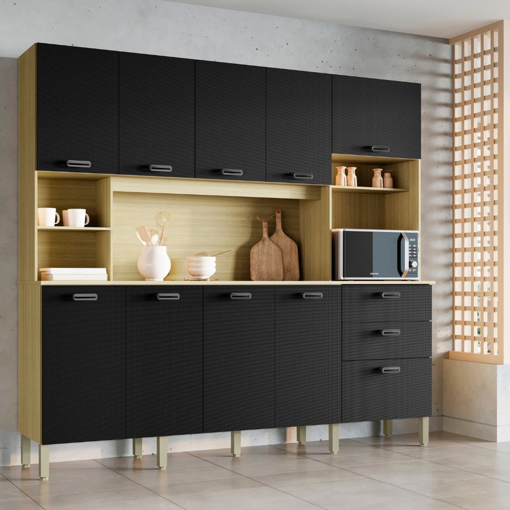 Armário para Cozinha 10 Portas 2 Gavetas Balcão com Tampo Intense Freijó/Nero em Oferta na Shopee